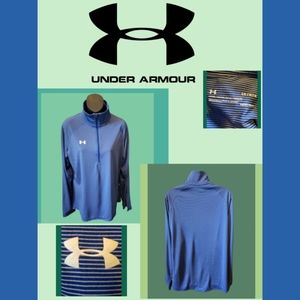 UNDER ARMOUR WOMENS BLUE & WHITE STRIPED HEAD GEAR PULL OVER 1/2 ZIP LOOSE TOP